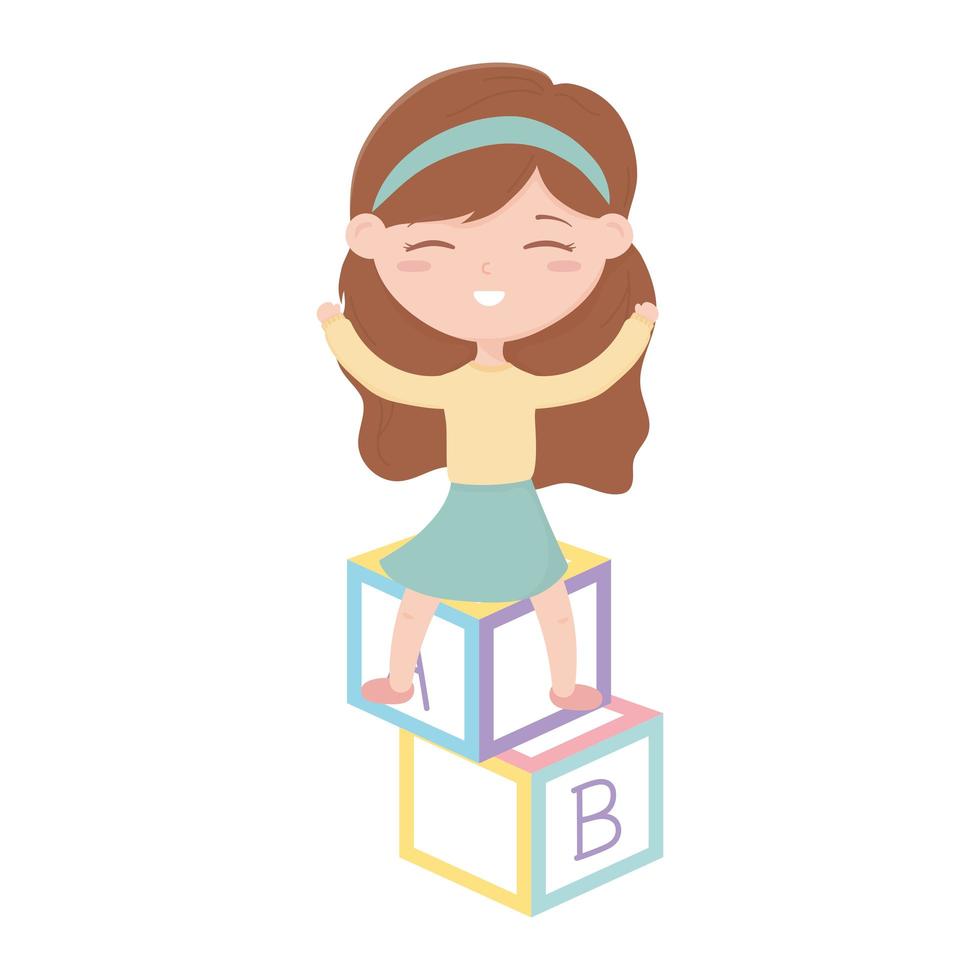 zone enfants, jolie petite fille jouant avec des jouets de blocs alphabet vecteur