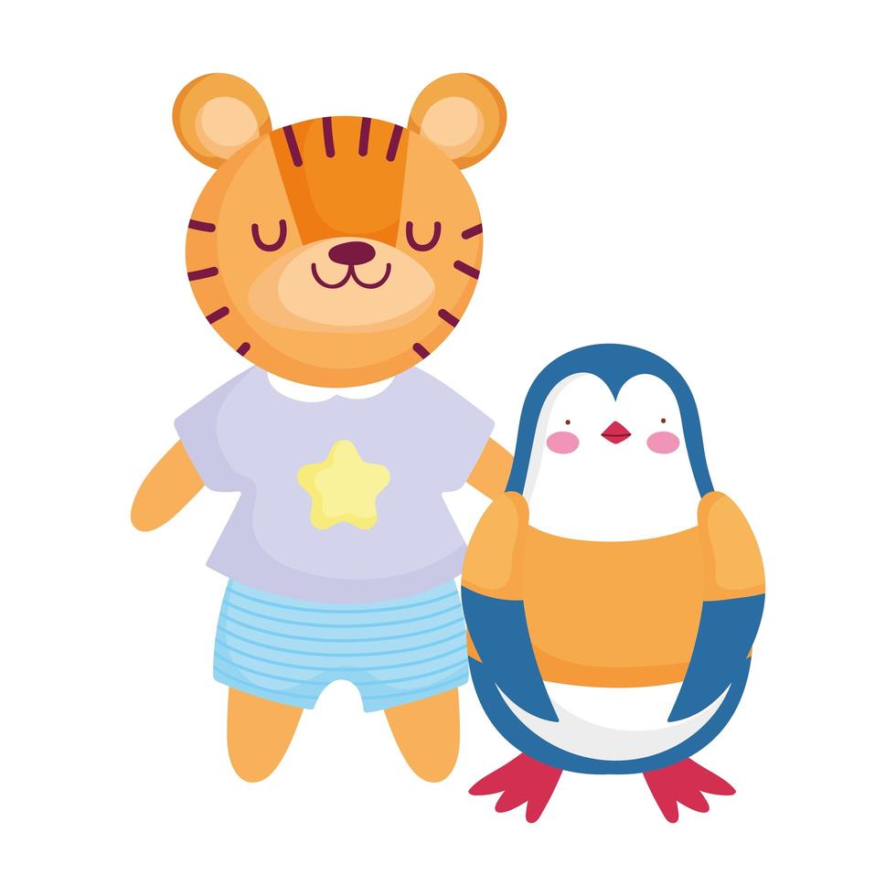 mignon pingouin et tigre avec personnage de dessin animé de vêtements vecteur