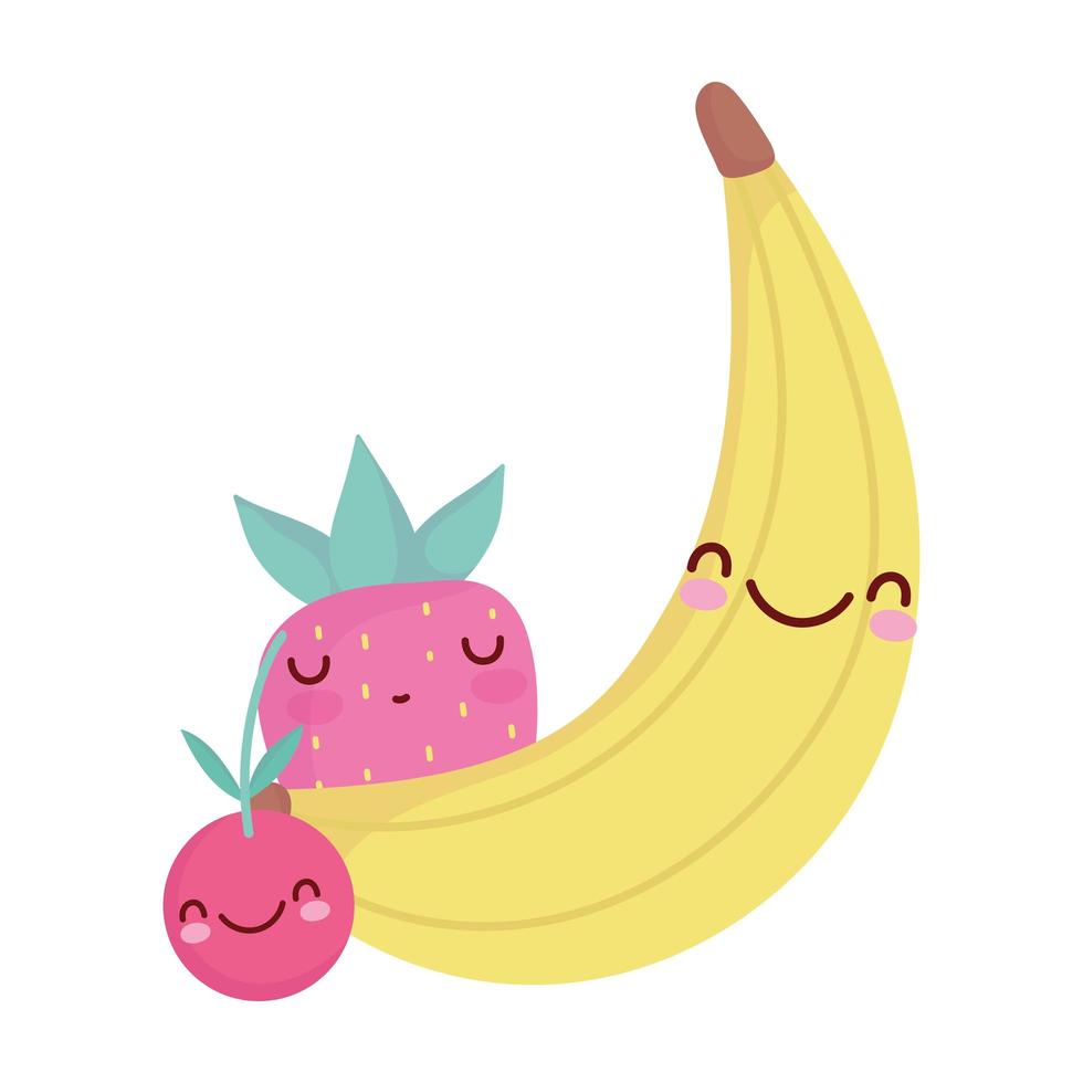 banane, cerise et fraise menu personnage dessin animé nourriture mignon vecteur
