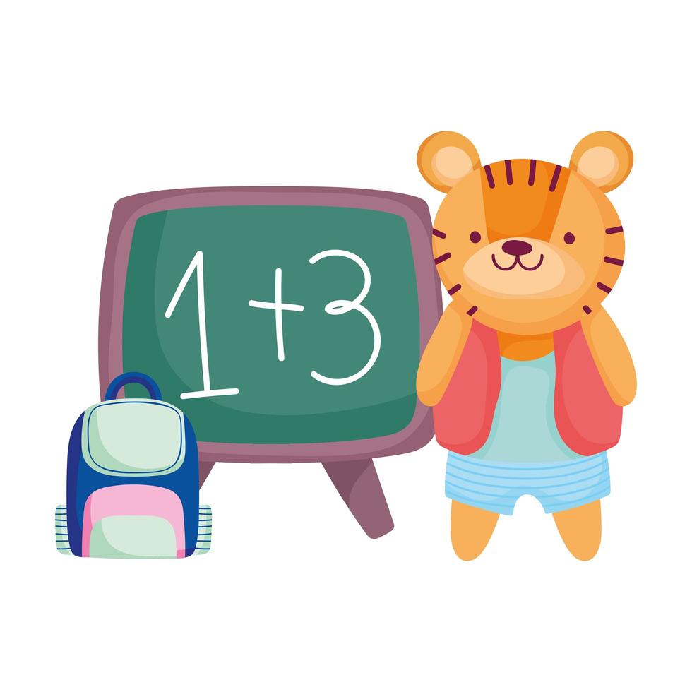 retour à l & # 39; école, tigre mignon avec sac à dos et dessin animé de tableau vecteur