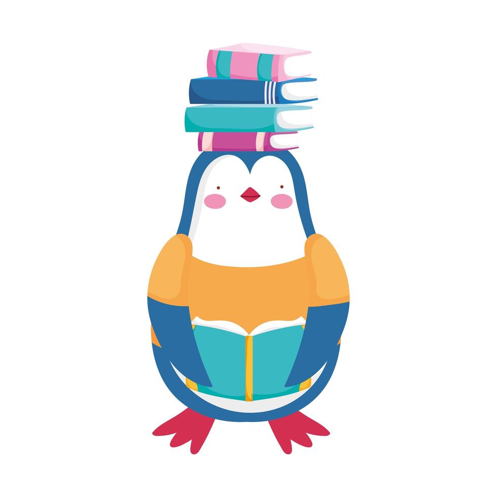 retour à l & # 39; école, pingouin avec des livres sur la tête de dessin animé vecteur