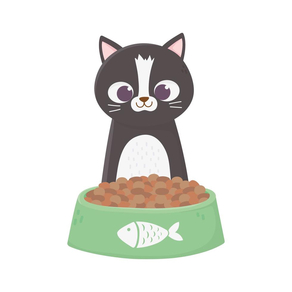 chat assis avec caricature de nourriture bol vecteur