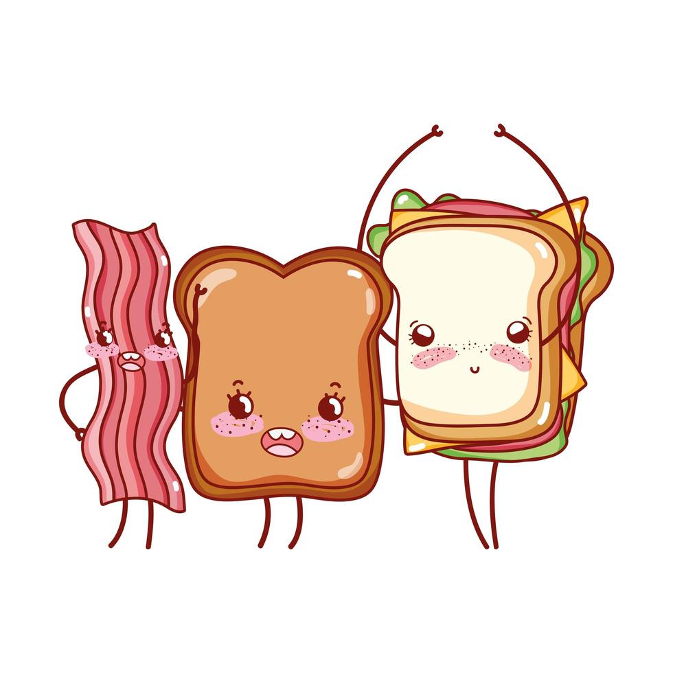 restauration rapide et petit déjeuner mignon sandwich au pain et bacon vecteur