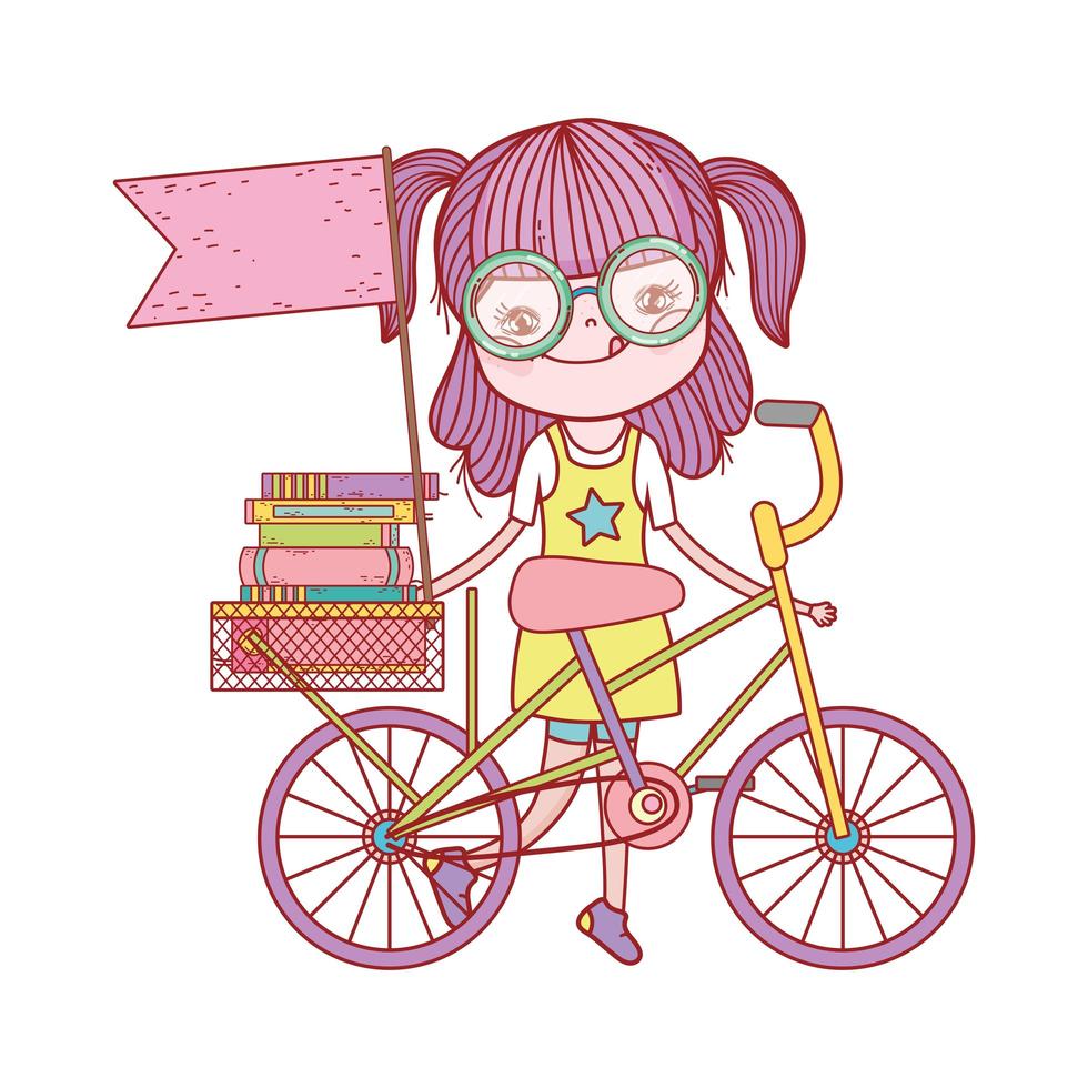 jolie fille avec des livres en vélo avec dessin animé de drapeau vecteur