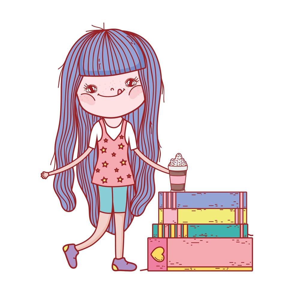 petite fille avec smoothie et livres empilés design isolé vecteur