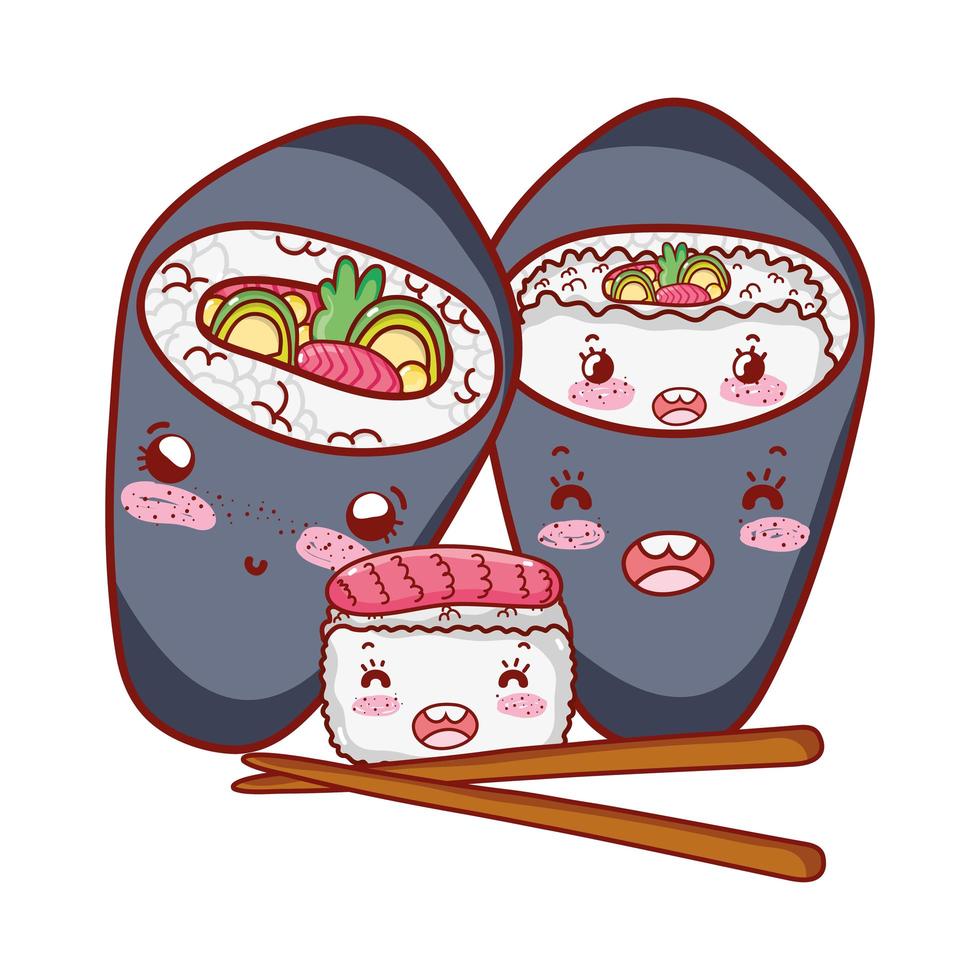 kawaii sushi et temaki sticks nourriture dessin animé japonais, sushi et rouleaux vecteur