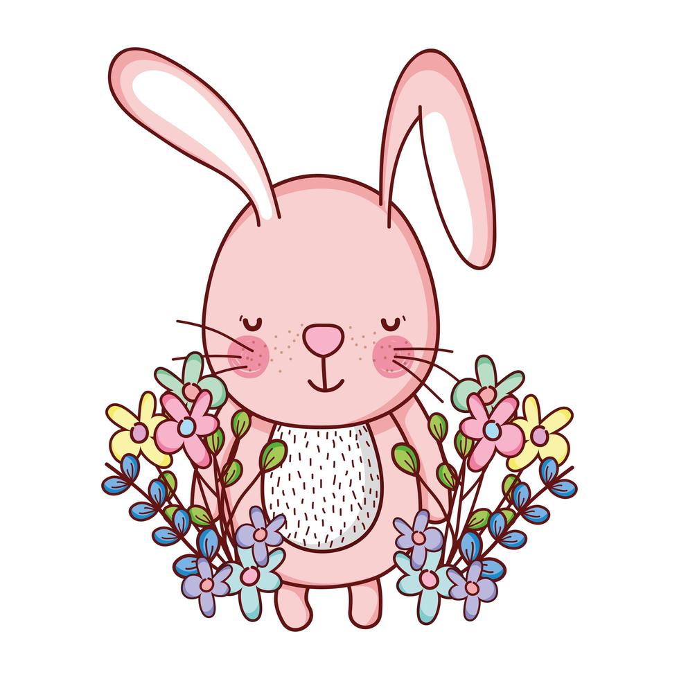 animaux mignons, petites fleurs de lapin feuilles feuillage dessin animé vecteur