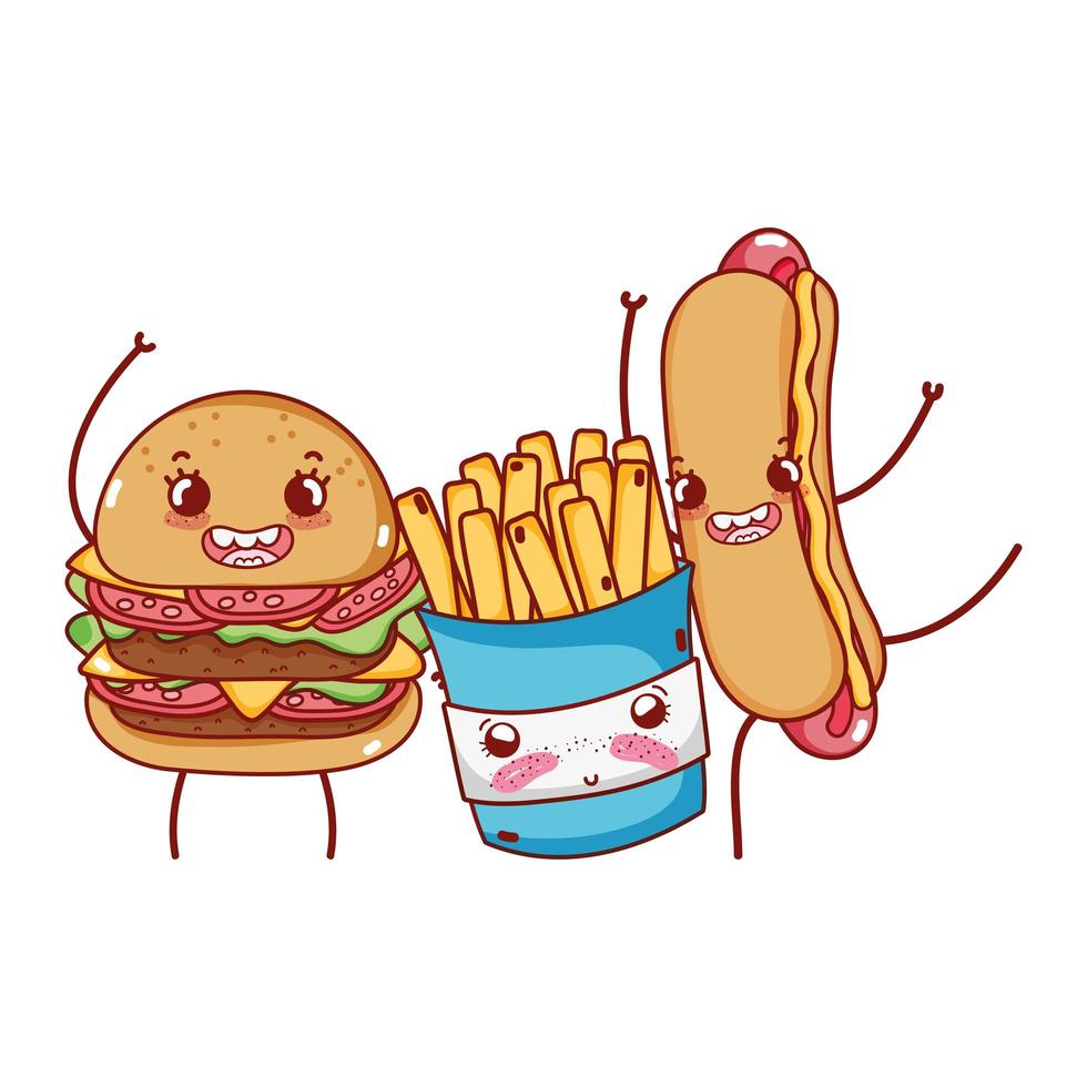 Fast-Food burger mignon frites et dessin animé de hot-dog vecteur