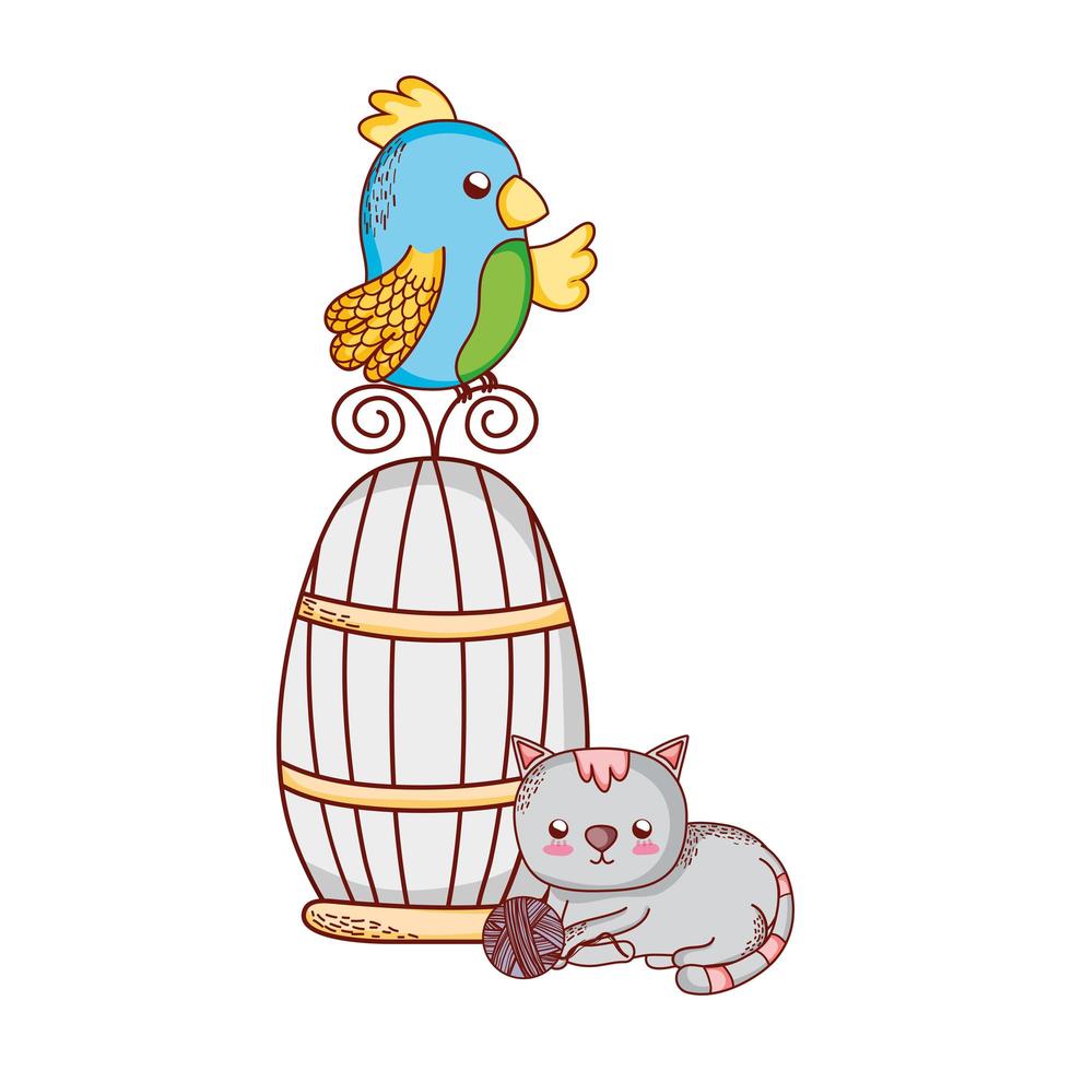 animaux mignons, perroquet sur chat cage avec dessin animé nature balle vecteur