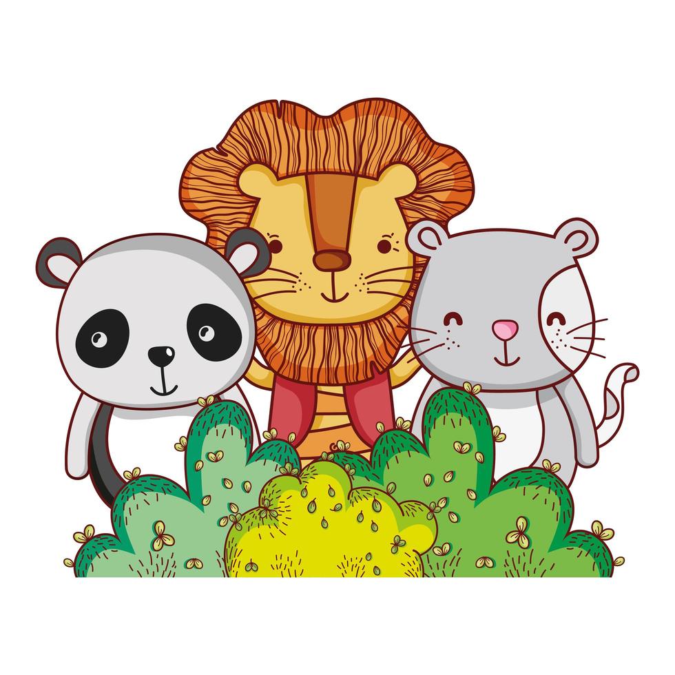 animaux mignons, lion panda et chat nature feuillage bush nature conception botanique vecteur