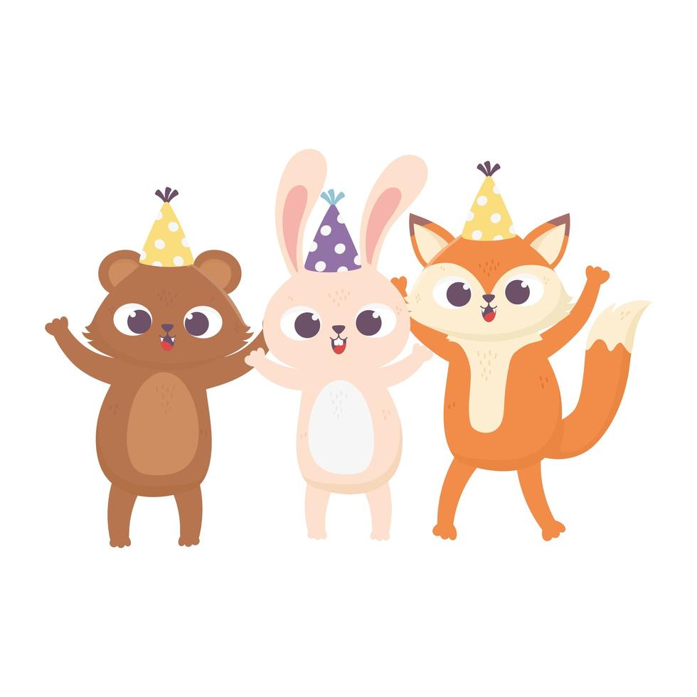 Joyeux anniversaire, lapin mignon ours et renard avec icône de conception d'isolement célébration chapeaux de fête vecteur