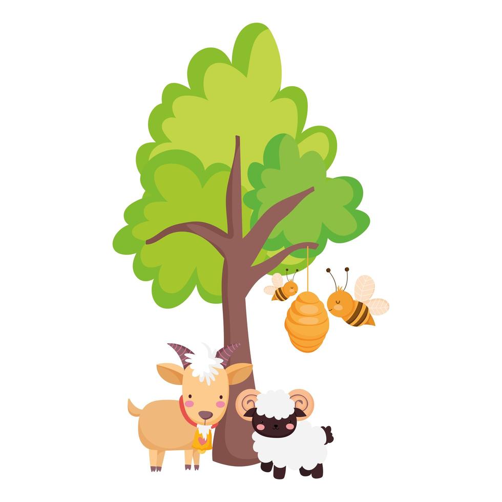 animaux de la ferme chèvre bélier et abeilles dans le dessin animé arbre ruche vecteur