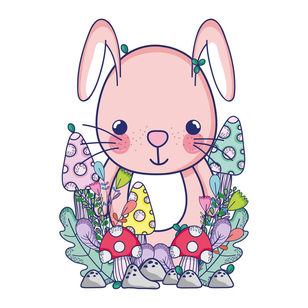 animaux mignons, petit lapin fleurs champignon feuilles feuillage dessin animé vecteur