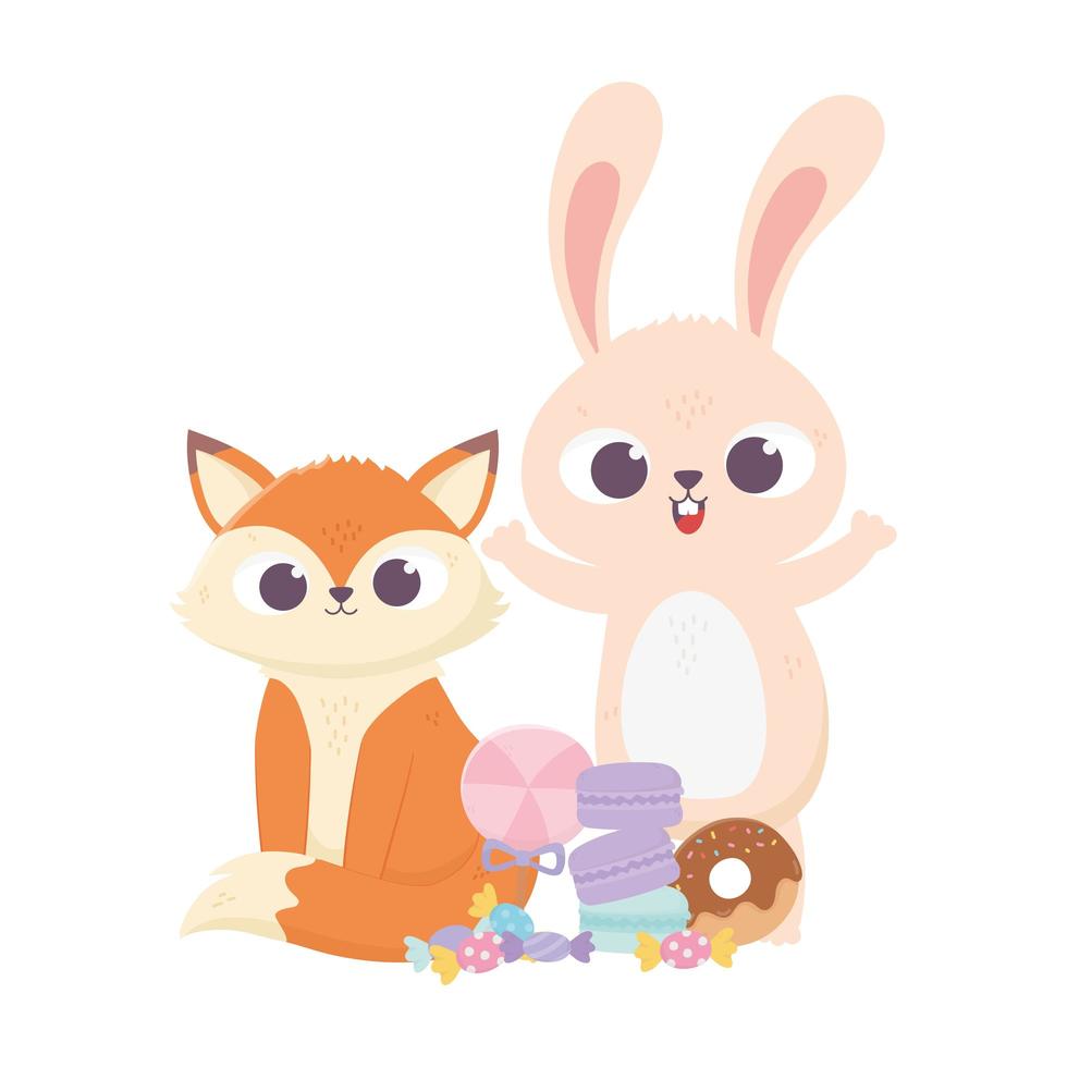 bonne journée, petit renard et lapin avec dessin animé de biscuits au caramel donut vecteur