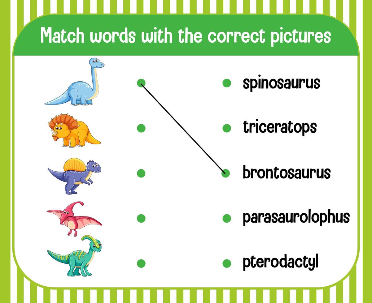 thème de dinosaure de feuille de calcul de correspondance mot à image vecteur