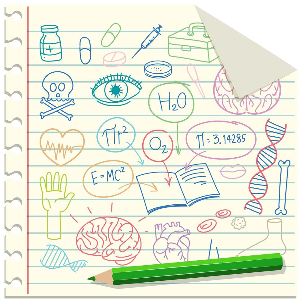 ensemble d & # 39; élément de science médicale doodle sur papier vecteur