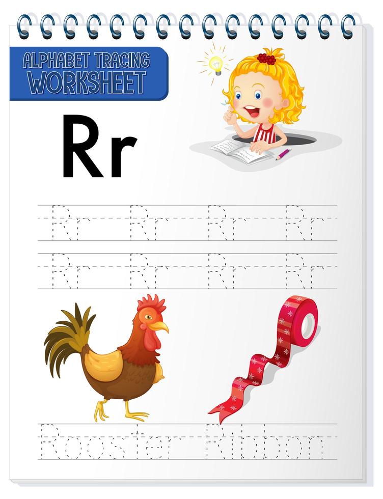 Feuille de calcul de traçage alphabet avec lettre r et r vecteur