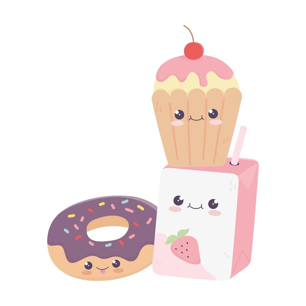 mignon personnage de dessin animé kawaii beignet de jus de boîte et cupcake vecteur