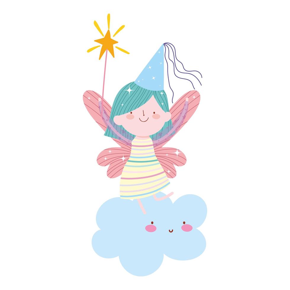 jolie petite fée avec baguette magique debout sur dessin animé nuage vecteur