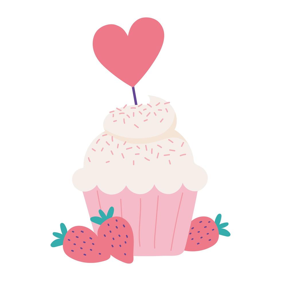 joyeux anniversaire cupcake sucré fruits et coeur icône isolé vecteur