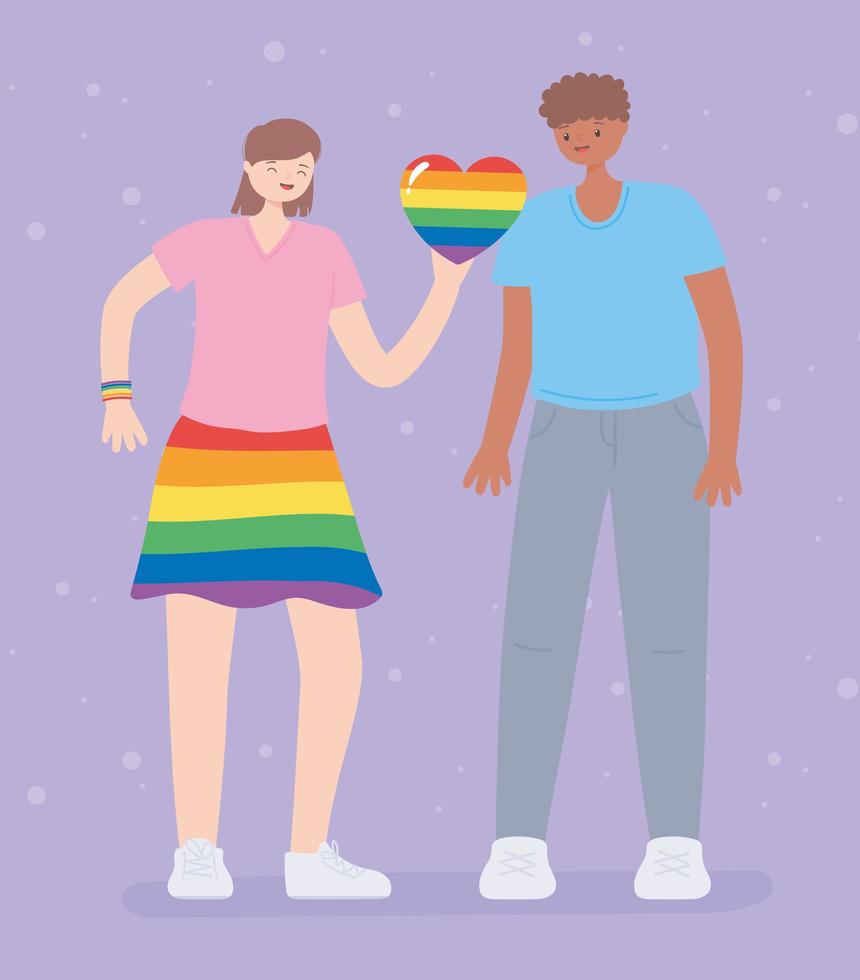 communauté lgbtq, femme aux couleurs de jupe arc-en-ciel et dessin animé de jeune homme coeur, défilé gay de protestation contre la discrimination sexuelle vecteur