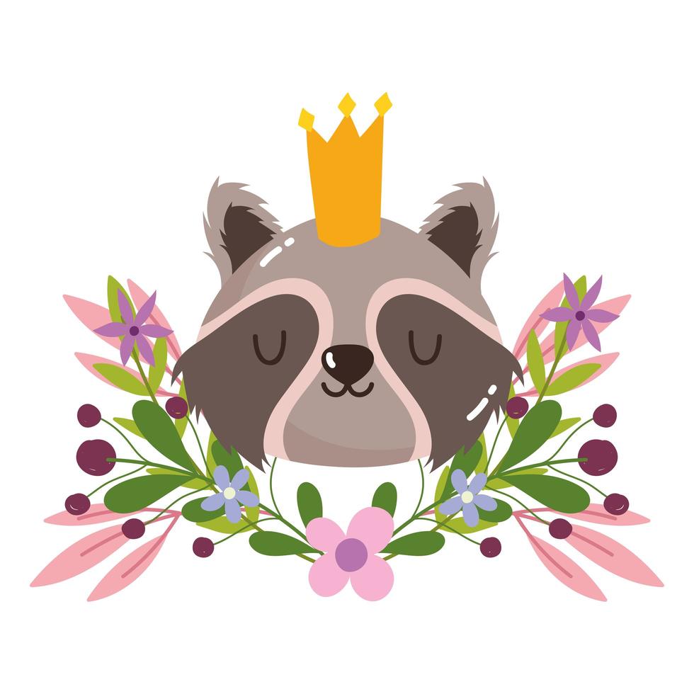 tête de raton laveur mignon avec couronne animaux fleurs feuillage nature décoration dessin animé vecteur