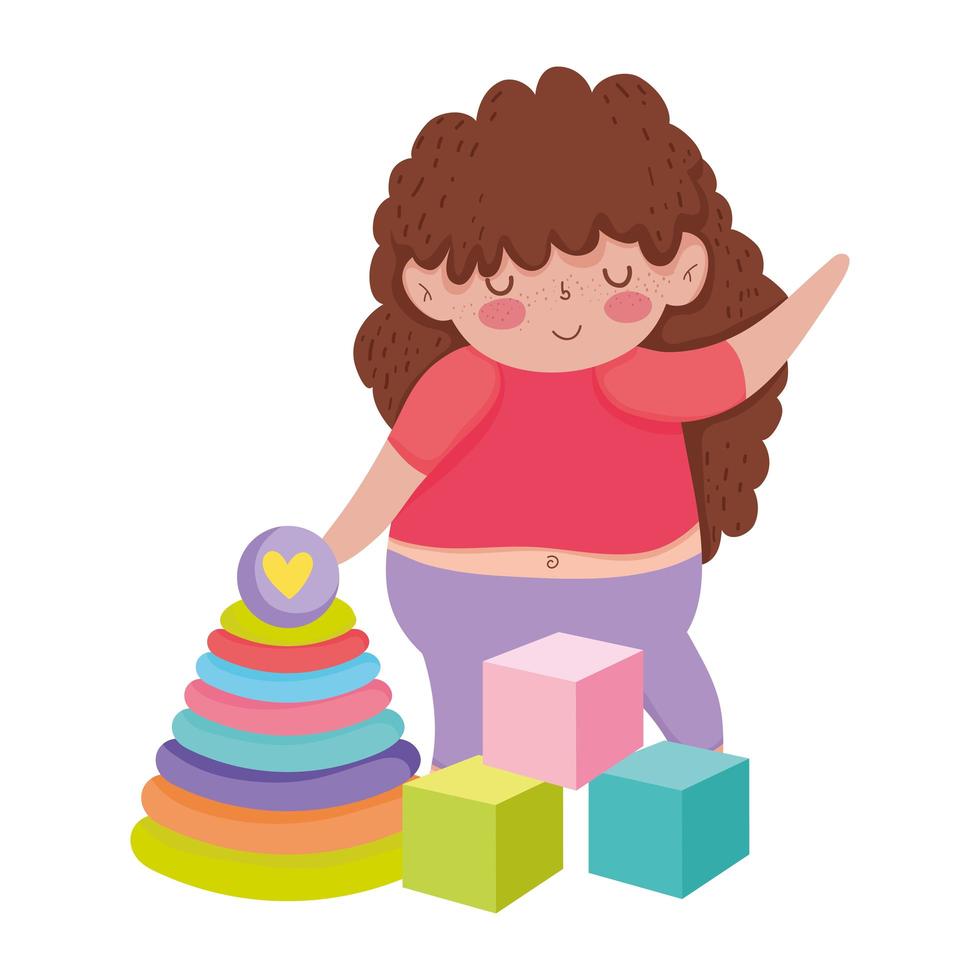objet de jouets pour les petits enfants à jouer au dessin animé, petite fille avec des cubes et pyramide vecteur