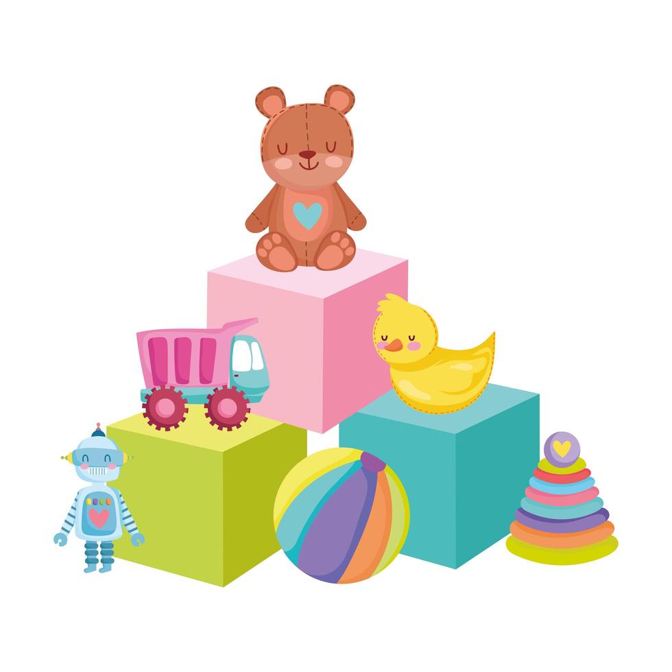 objet de jouets pour que les petits enfants jouent au dessin animé, au robot de balle de camion de canard d'ours et à la pyramide sur des blocs vecteur
