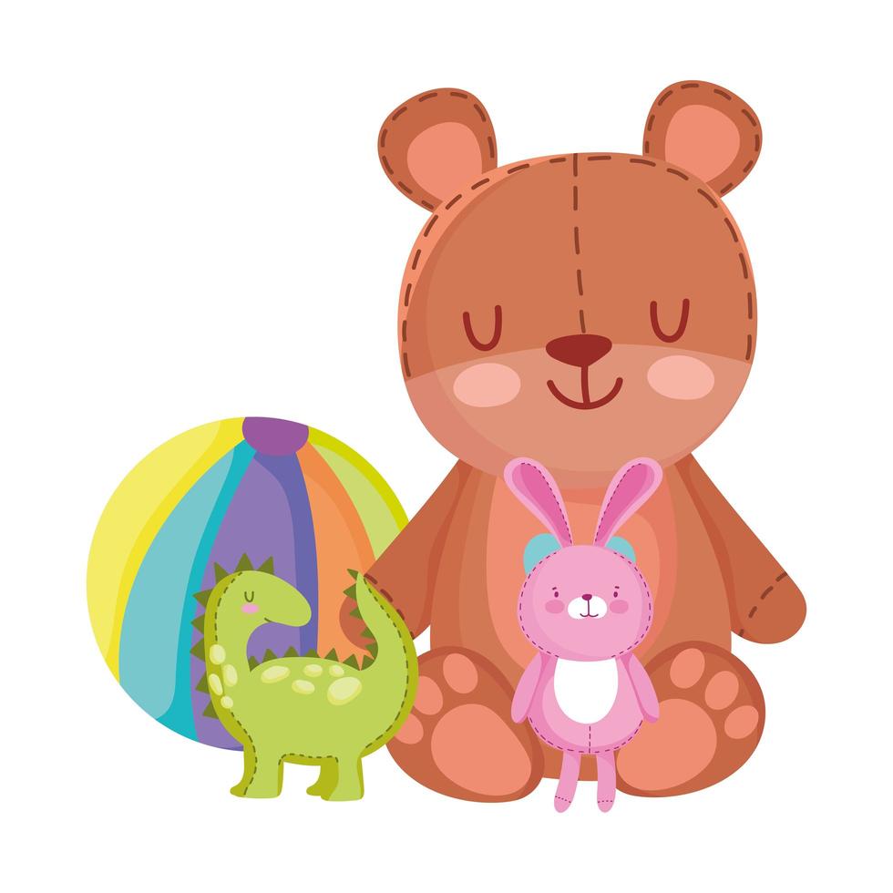 objet de jouets pour les petits enfants à jouer au dessin animé, mignon ours en peluche dinosaure lapin et balle vecteur