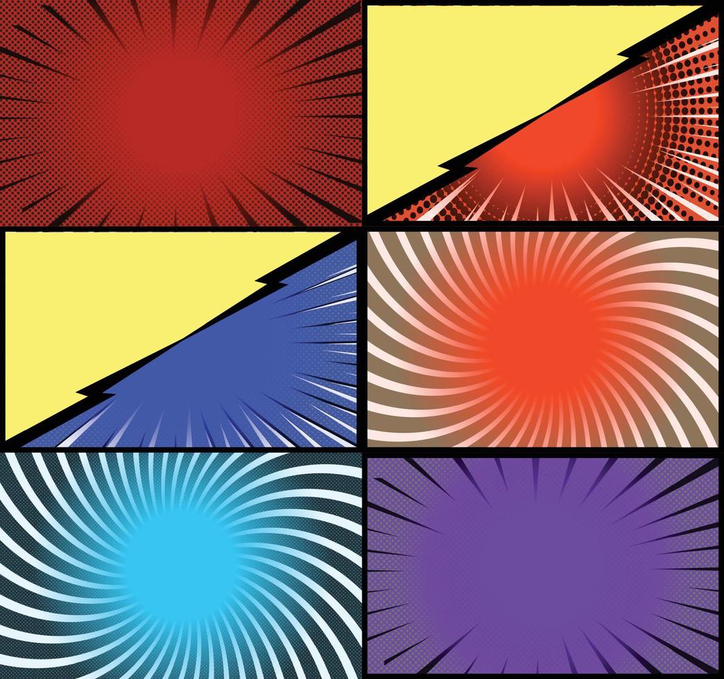 fond de cadres colorés de bande dessinée avec des rayons de demi-teintes effets radiaux et pointillés style pop art vecteur