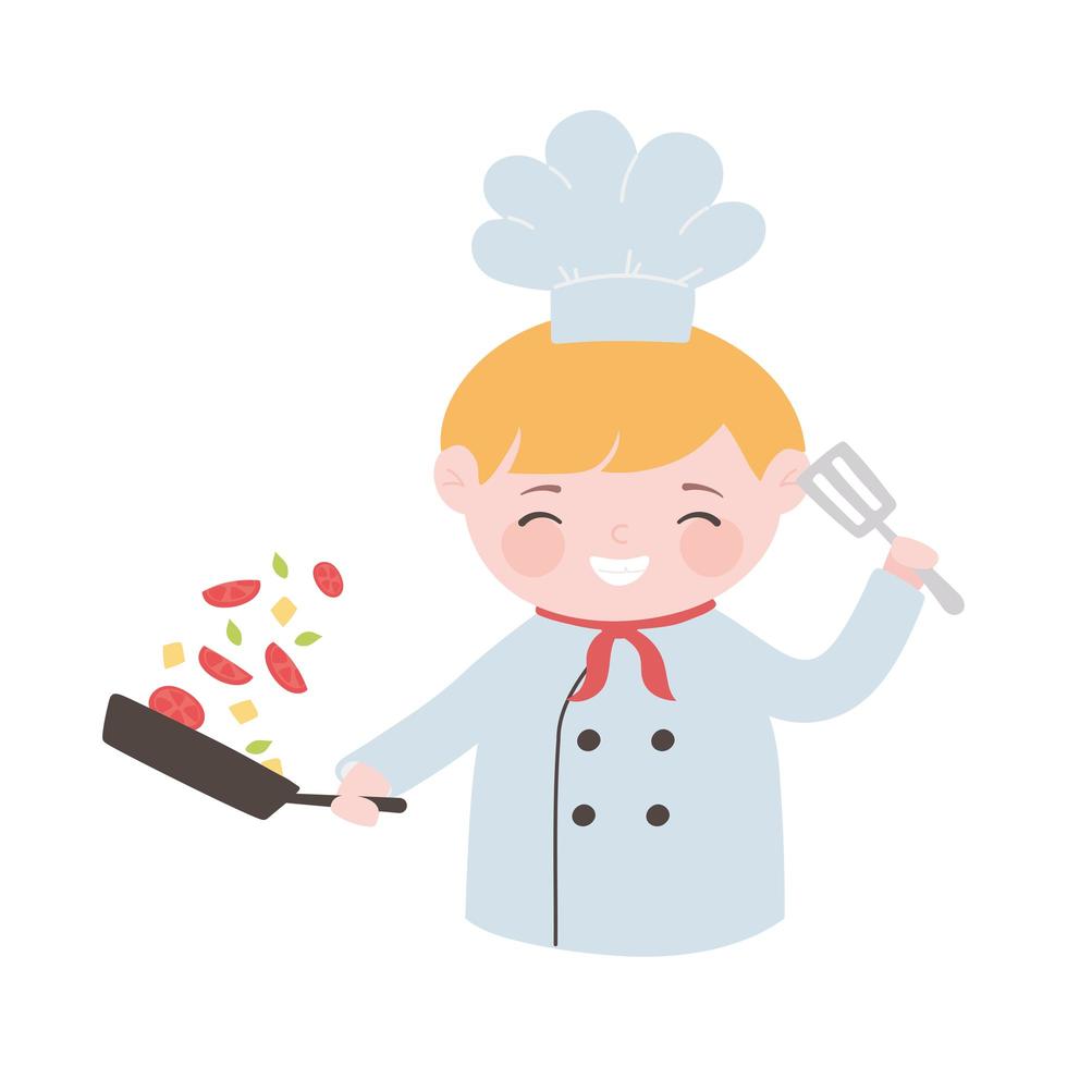 chef garçon avec casserole légumes et spatule dessin animé caractère icône isolé design vecteur