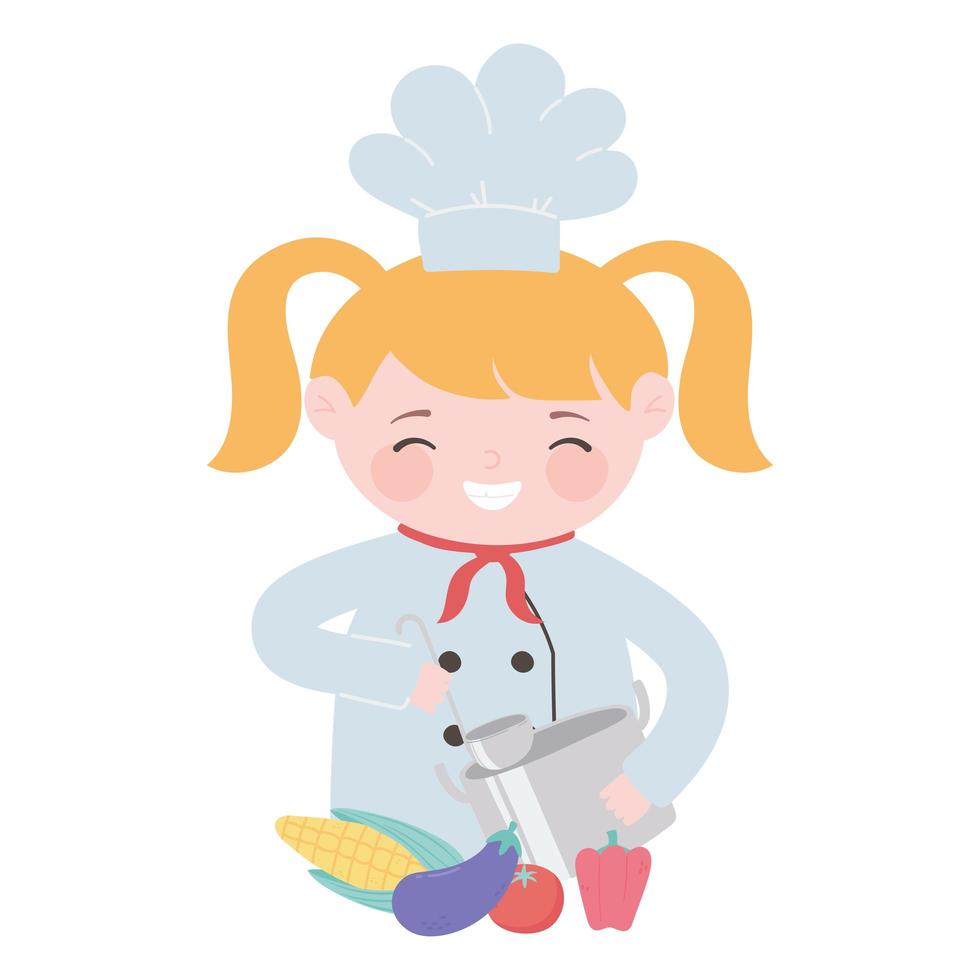 Chef fille préparation pot louche et personnage de dessin animé de légumes vecteur