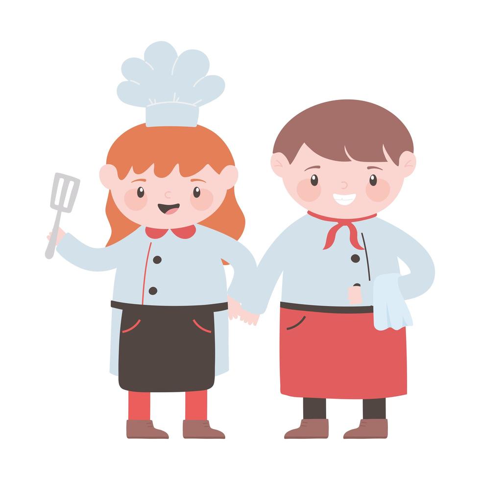 chef fille et serveur avec personnage de dessin animé de tablier vecteur