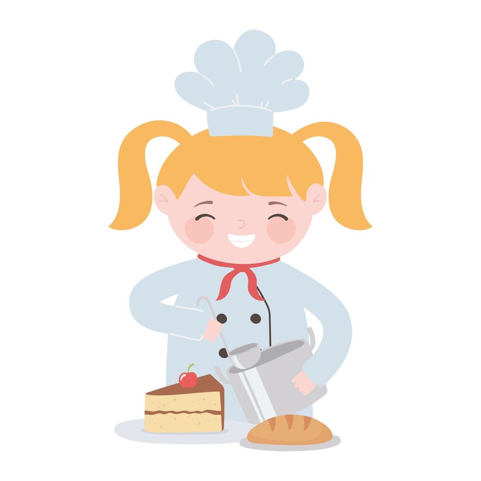 Chef fille blonde cuisine avec personnage de dessin animé de pain et de gâteau pot vecteur