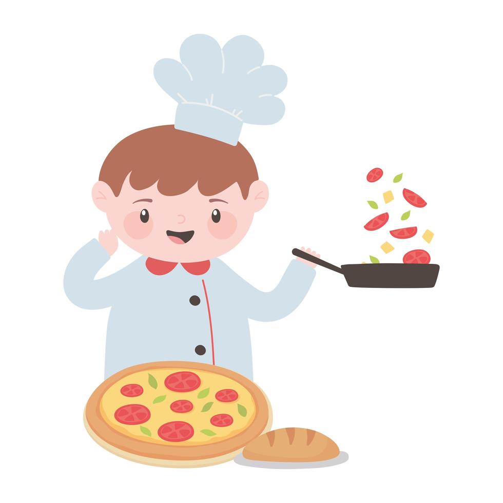 chef garçon avec pizza aux légumes et personnage de dessin animé de pain vecteur