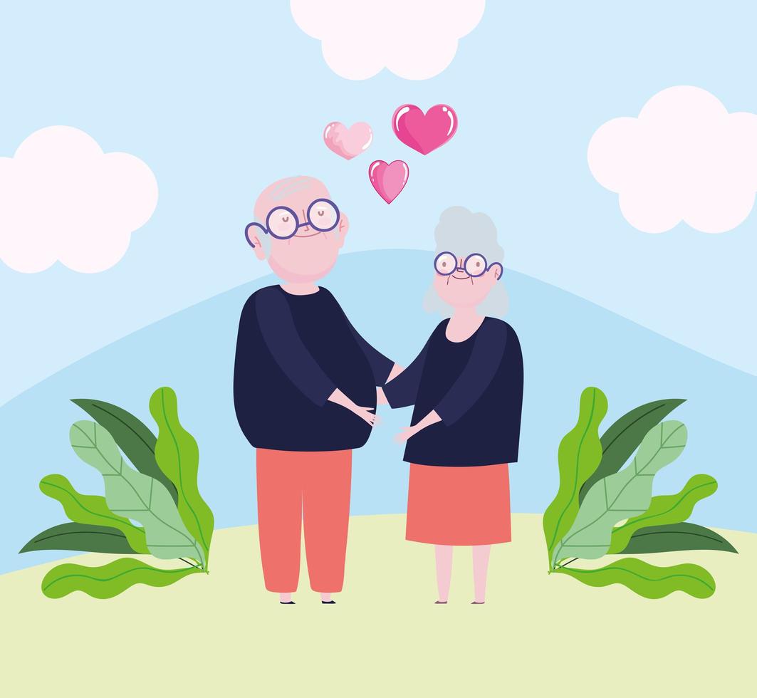 joli couple de grands-parents avec coeur et ruban amour conception de dessin animé romantique vecteur