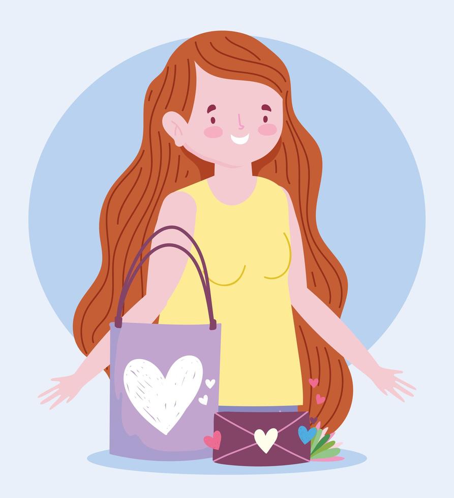 jolie femme avec sac cadeau et enveloppe coeur amour dessin animé romantique vecteur