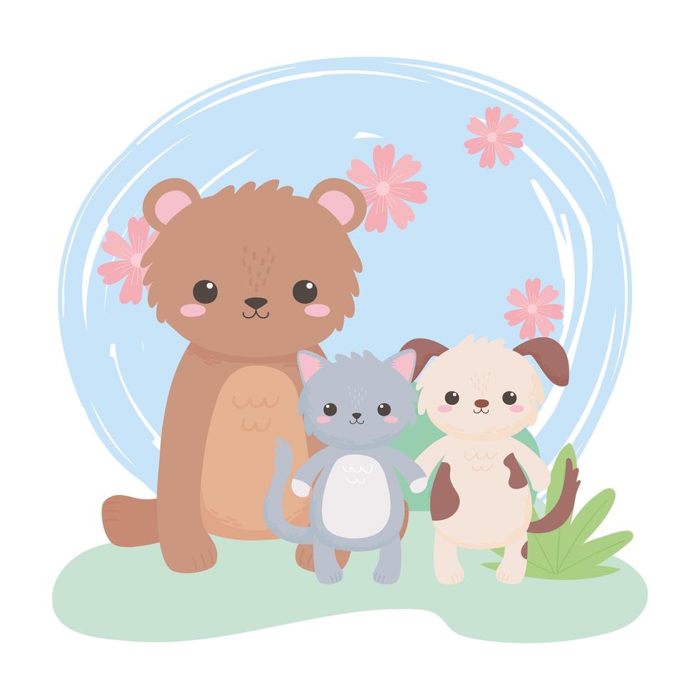 mignon petit ours chat chien fleurs bush herbe dessin animé animaux dans un paysage naturel vecteur