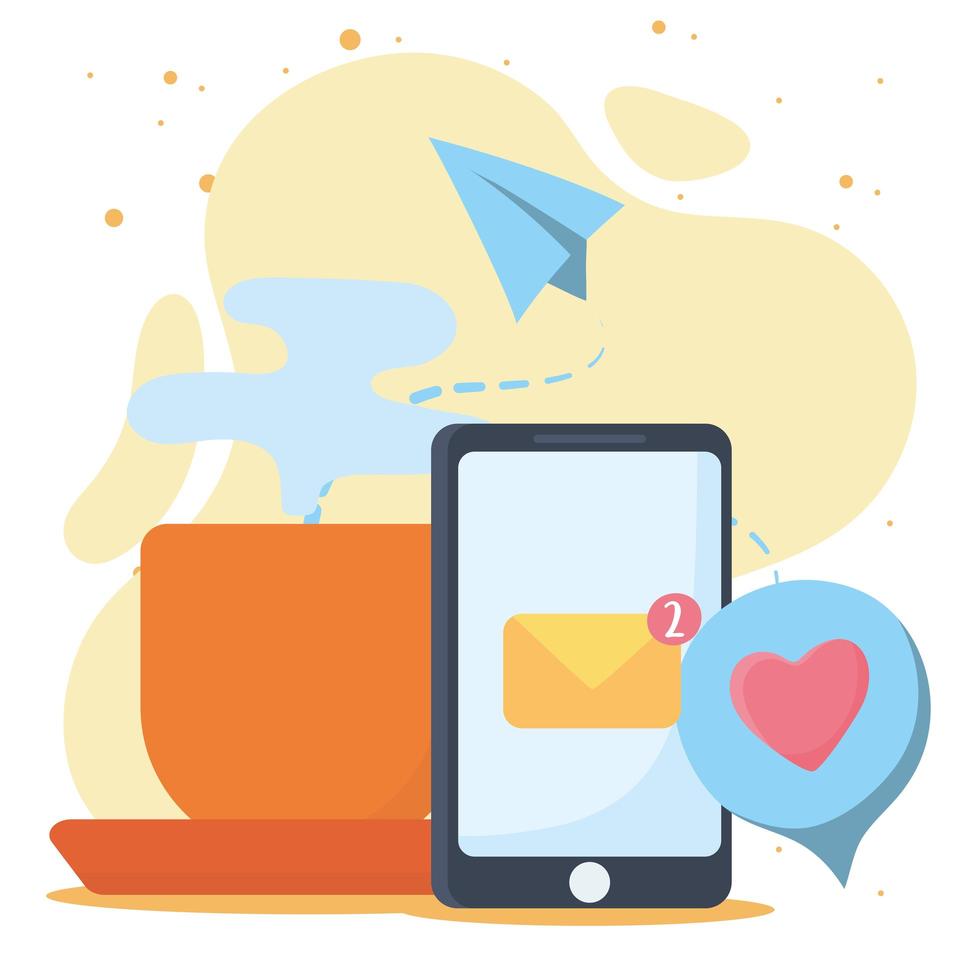 smartphone tasse de café message de chat communication et technologies de réseau social romantique vecteur