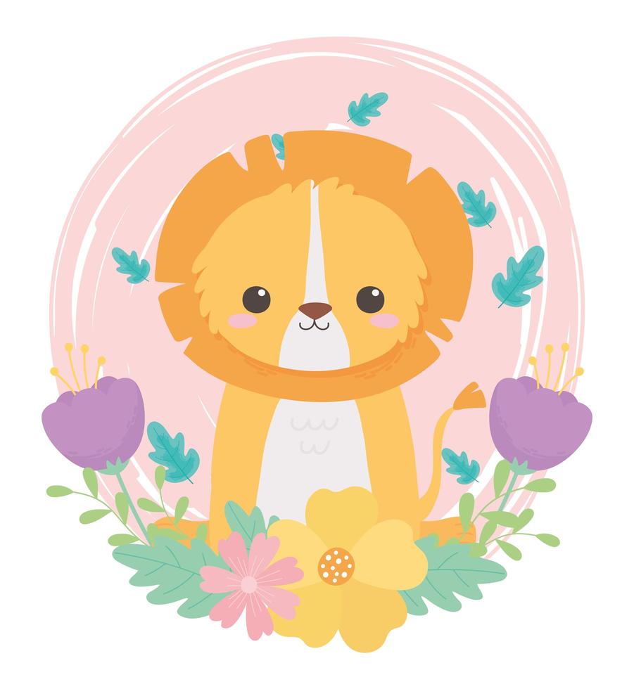 mignon petit lion fleurs laisse feuillage animaux de dessin animé dans un paysage naturel vecteur