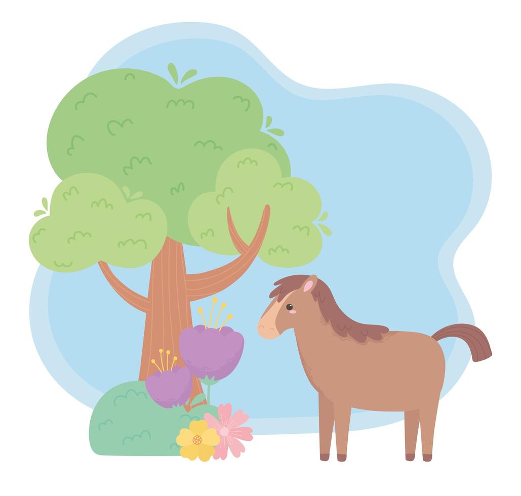 mignon cheval fleurs arbre herbe dessin animé animaux dans un paysage naturel vecteur