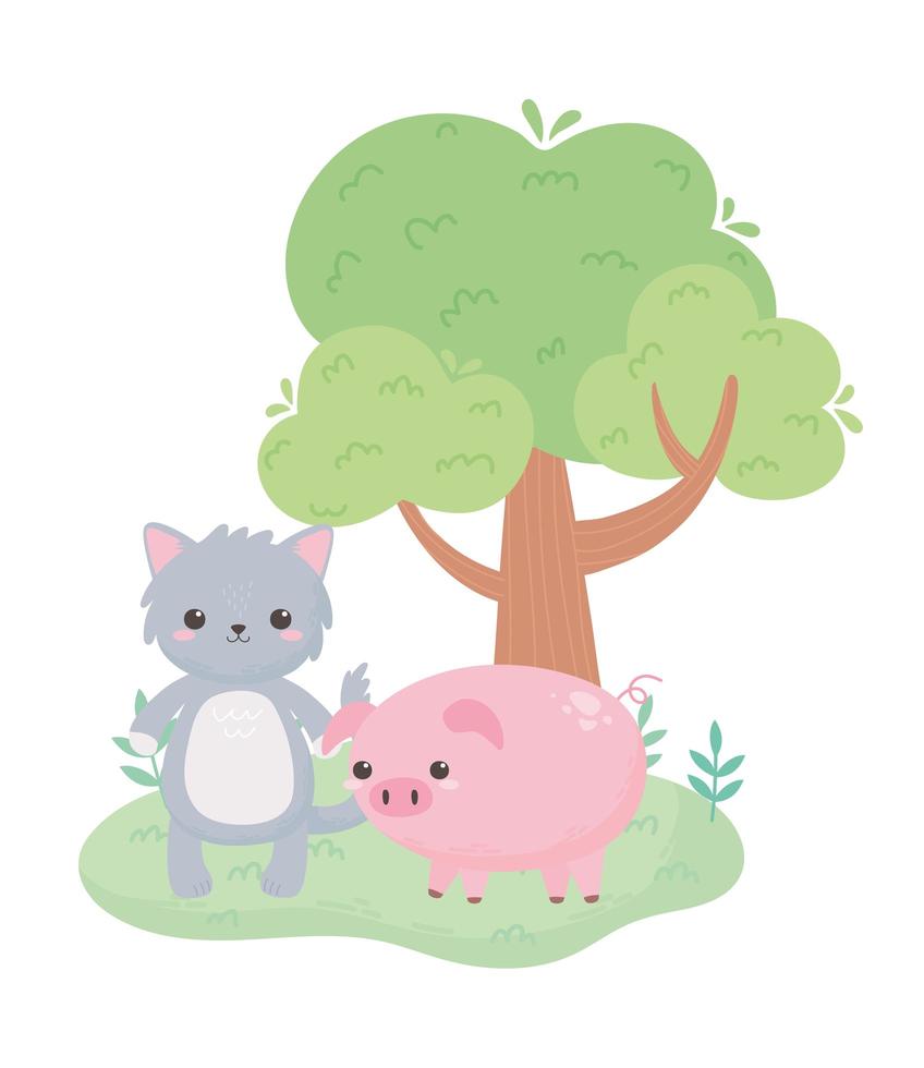 Animaux de dessin animé mignon chat gris piggy et arbre dans un paysage naturel vecteur