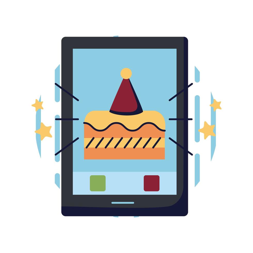 gâteau et chapeau de fête à l'intérieur de la conception de vecteur d'icône style plat smartphone
