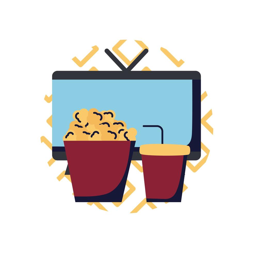 tv avec pop-corn et soda mug design plat style icône vector