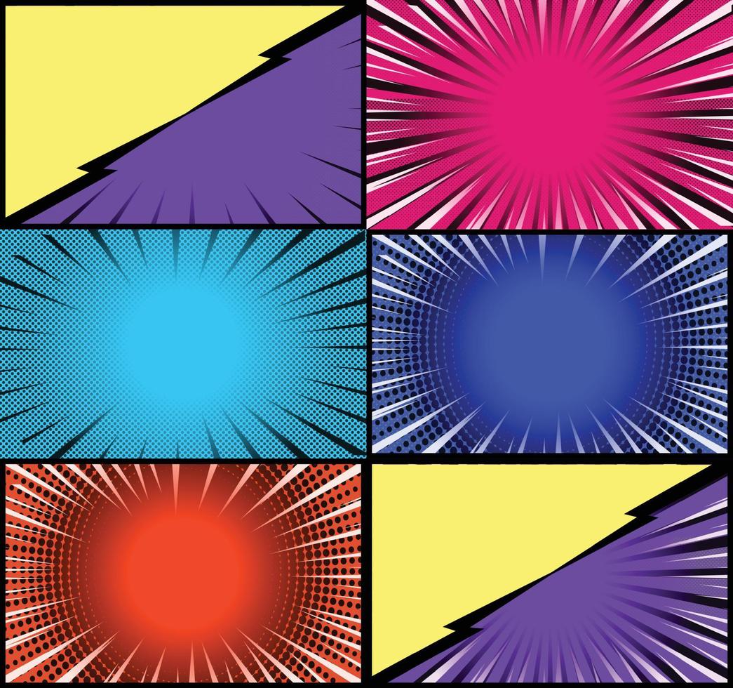 fond de cadres colorés de bande dessinée avec des rayons de demi-teintes effets radiaux et pointillés style pop art vecteur