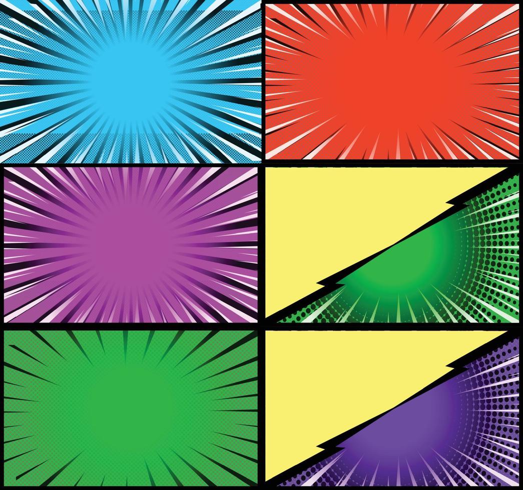 fond de cadres colorés de bande dessinée avec des rayons de demi-teintes effets radiaux et pointillés style pop art vecteur