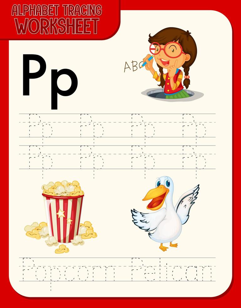 feuille de calcul de traçage alphabet avec lettre p et p vecteur