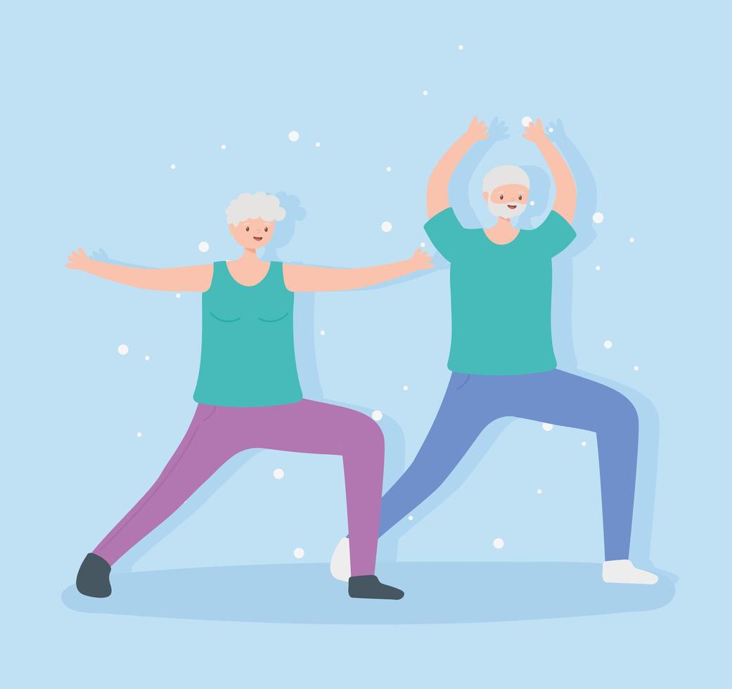 activité seniors, vieil homme et femme, exercices d'étirement sport vecteur