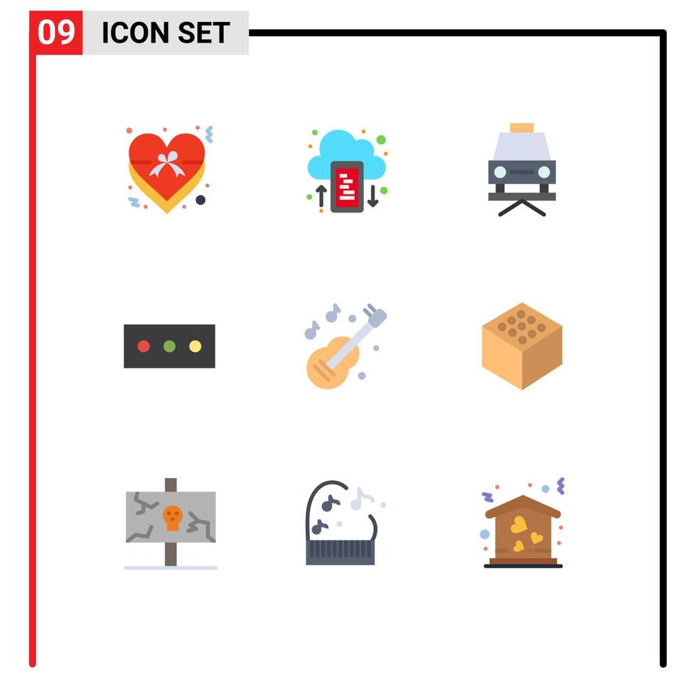 ensemble de pictogrammes de 9 couleurs plates simples d'éléments de conception vectoriels modifiables de sécurité d'instrument de voiture de cube kora vecteur