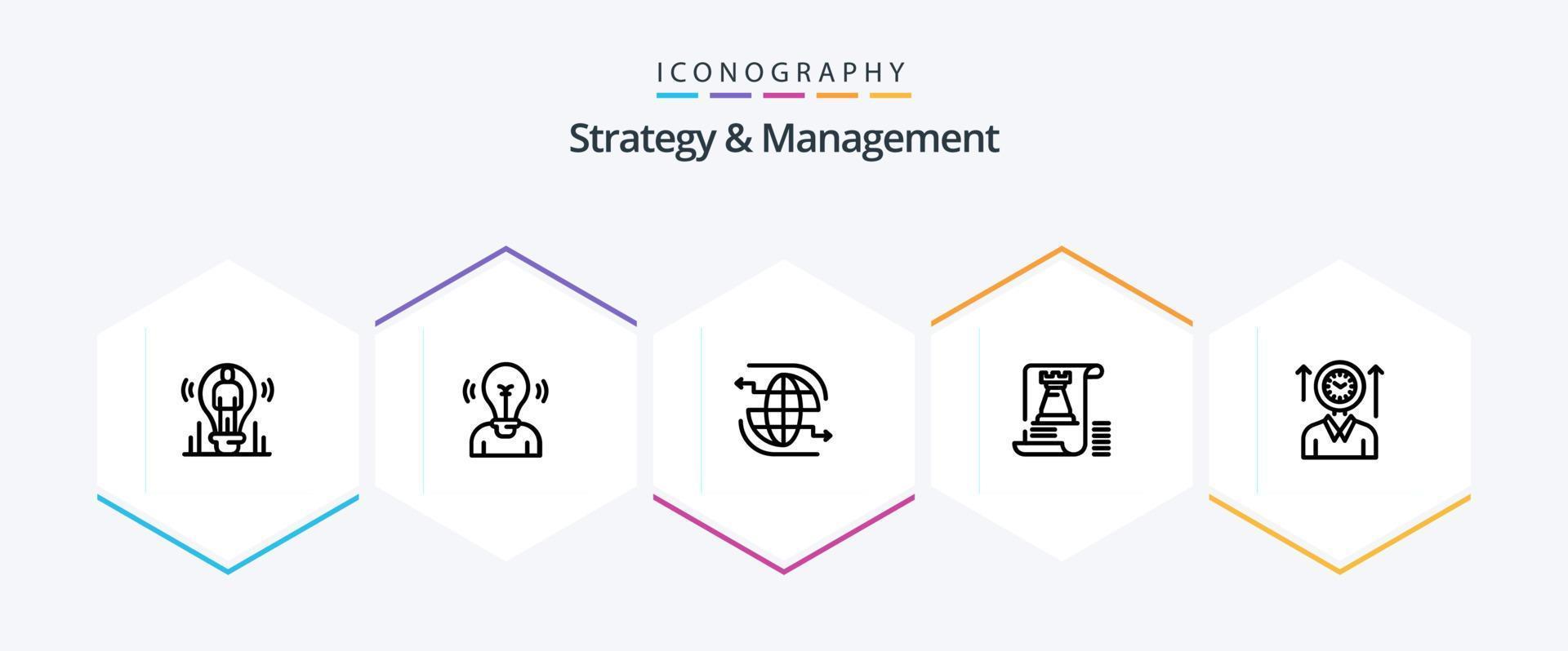 pack d'icônes de stratégie et de gestion de 25 lignes, y compris l'utilisateur. temps. la communication. fort. la tour vecteur